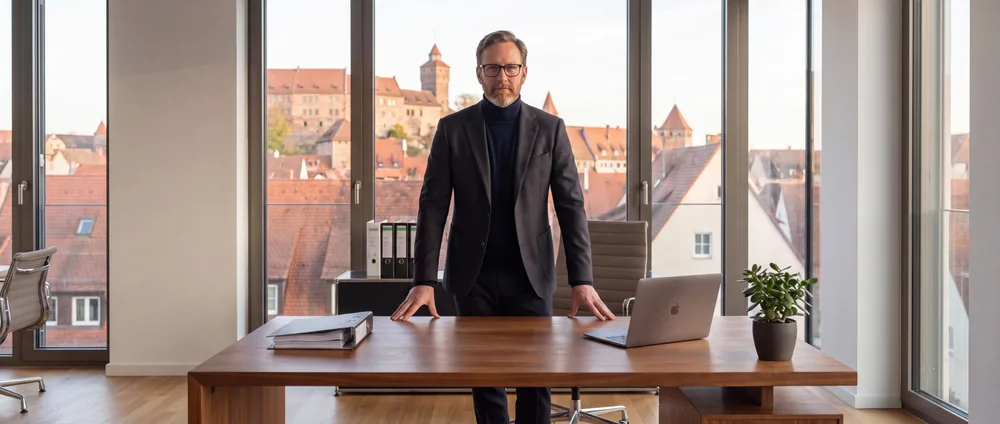 Steffen Herr im Büro mit Blick über die Stadt