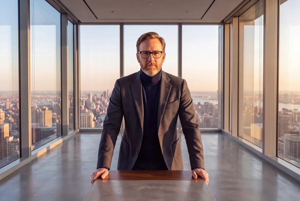 Steffen Herr im Büro mit Blick über die Stadt