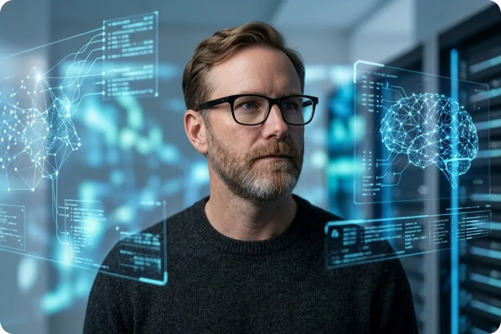 Steffen Herr vor einer Datenvisualisierung